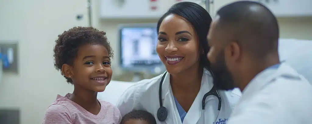 a family nurse practitioner smiling with a child patient in the hospital