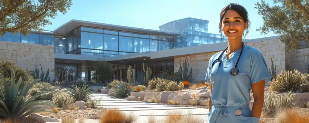 a family nurses practitioner standing outside a Texas hospital