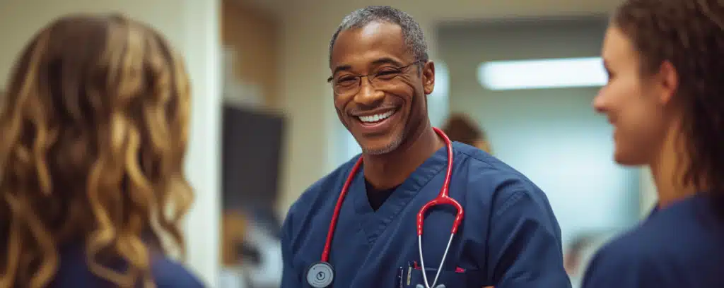 a male nurse practitioner in navy blue scrubs smiling with a fellow nurse