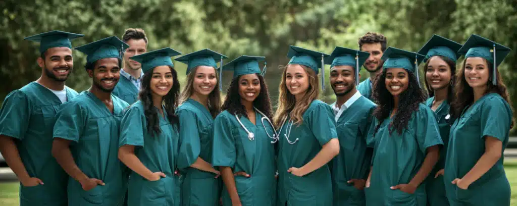 group of diverse psychiatric nursing graduates standing outside in their green scrubs