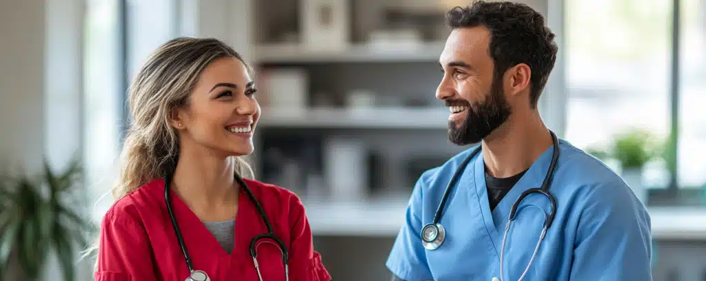 nurse in red scrubs speaking to a physician assistant