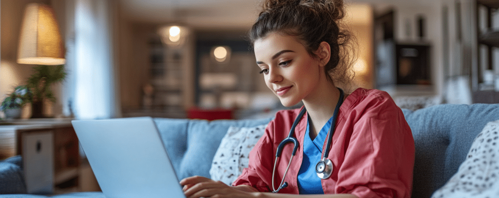 nurse practitioner studying at home on couch