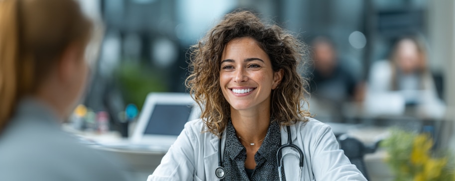 Smiling doctor with curly hair talks to a patient in a bright, modern office setting.