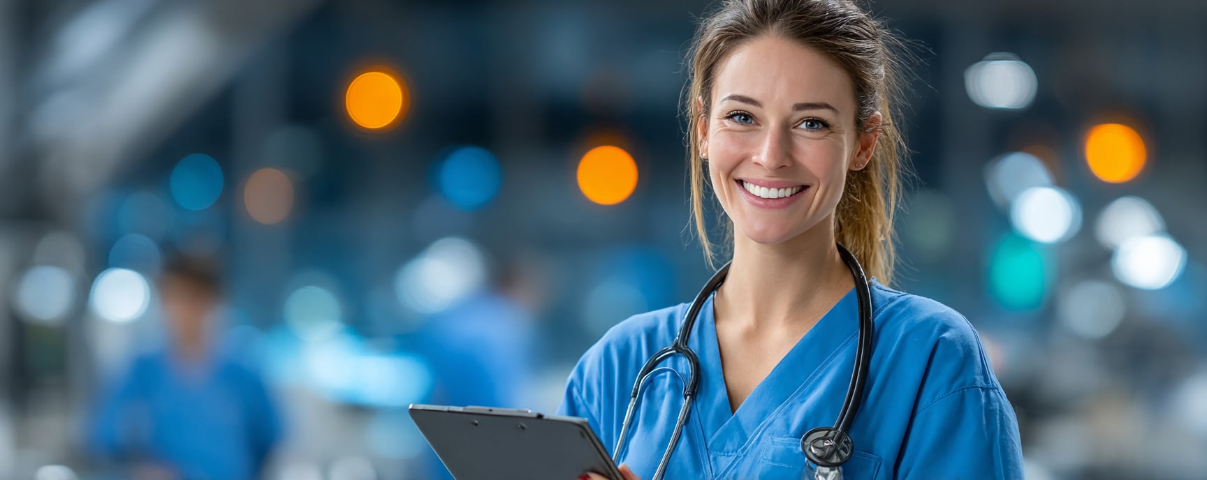 Smiling healthcare worker in blue scrubs with a stethoscope, holding a clipboard in a medical setting.