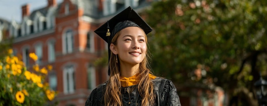A smiling graduate in cap and gown stands outdoors with a historic building in the background.