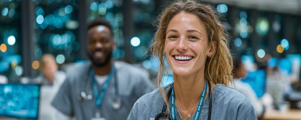 Smiling healthcare workers in scrubs and lanyards, with a hospital setting in the background.