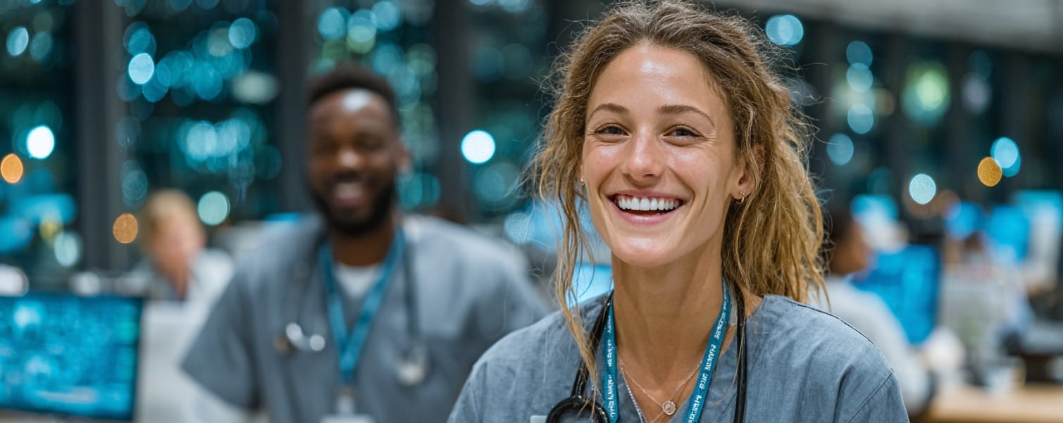 Smiling healthcare workers in scrubs and lanyards, with a hospital setting in the background.
