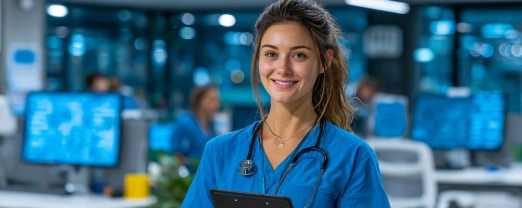 Young female nurse practitioner in blue scrubs holding a clipboard and smiling in a hospital setting.