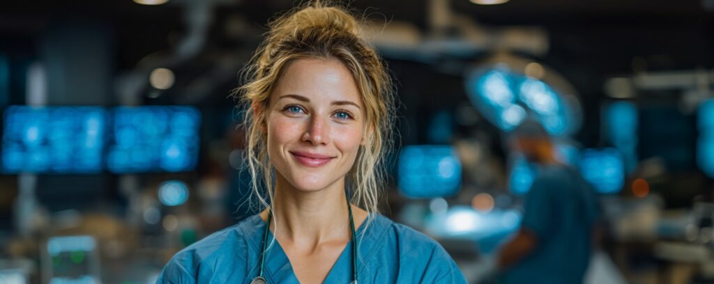 Smiling nurse in scrubs stands in a modern hospital with medical equipment in the background.