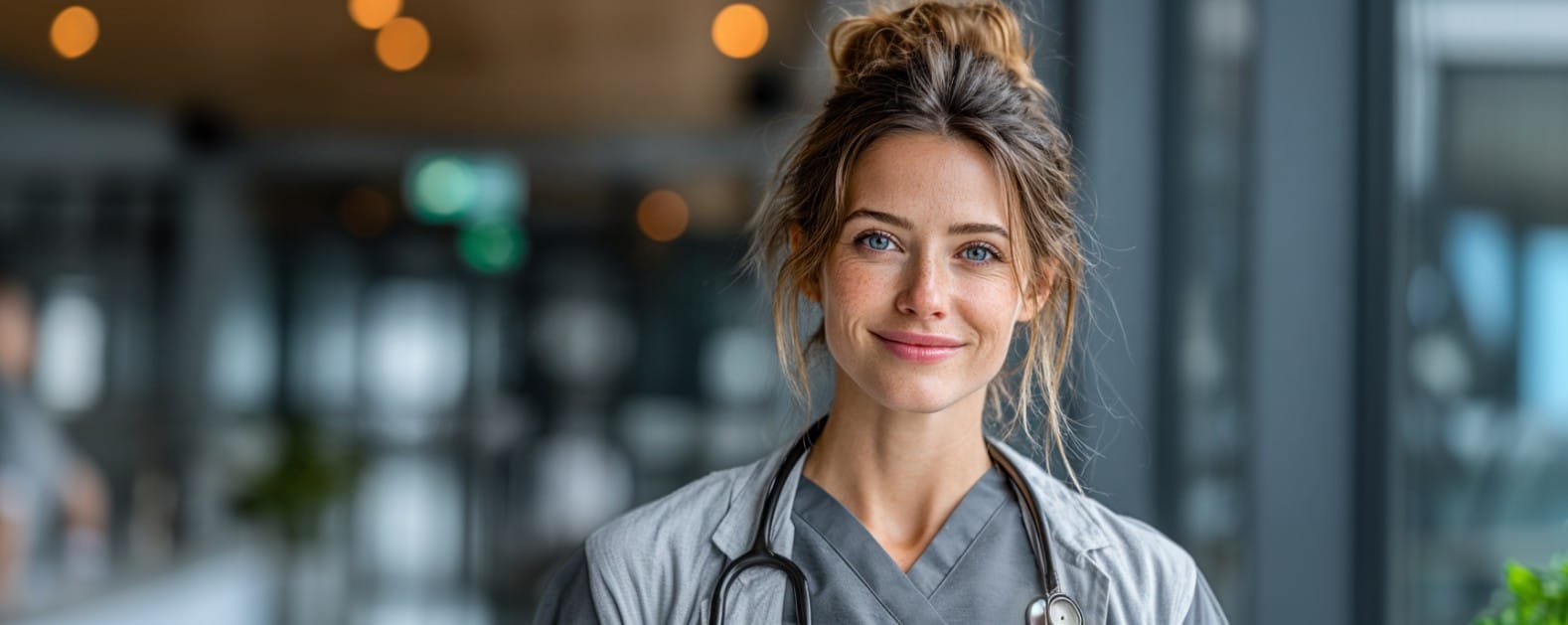 Smiling nurse practitioner in gray scrubs and a stethoscope, standing in a bright, modern medical facility.