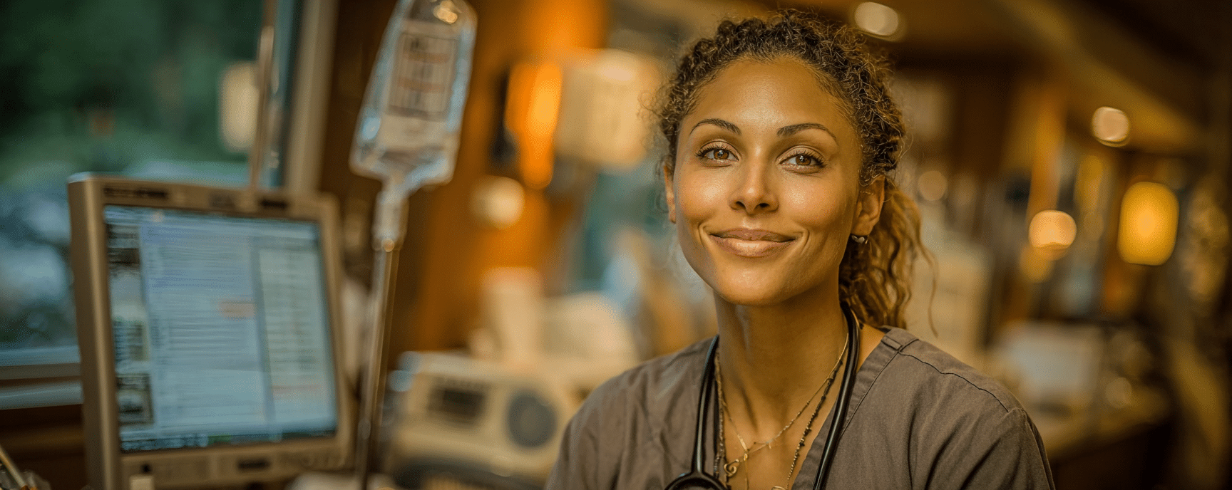 Smiling nurse in scrubs sits at a hospital workstation with medical equipment and monitors behind her.