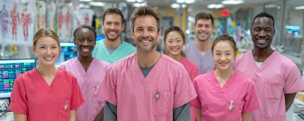 A group of smiling healthcare workers in pink scrubs stand together in a hospital setting.