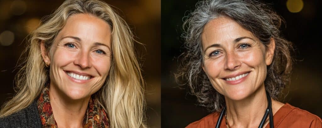 Side-by-side portraits of two smiling women, one with blonde hair and one with gray hair.
