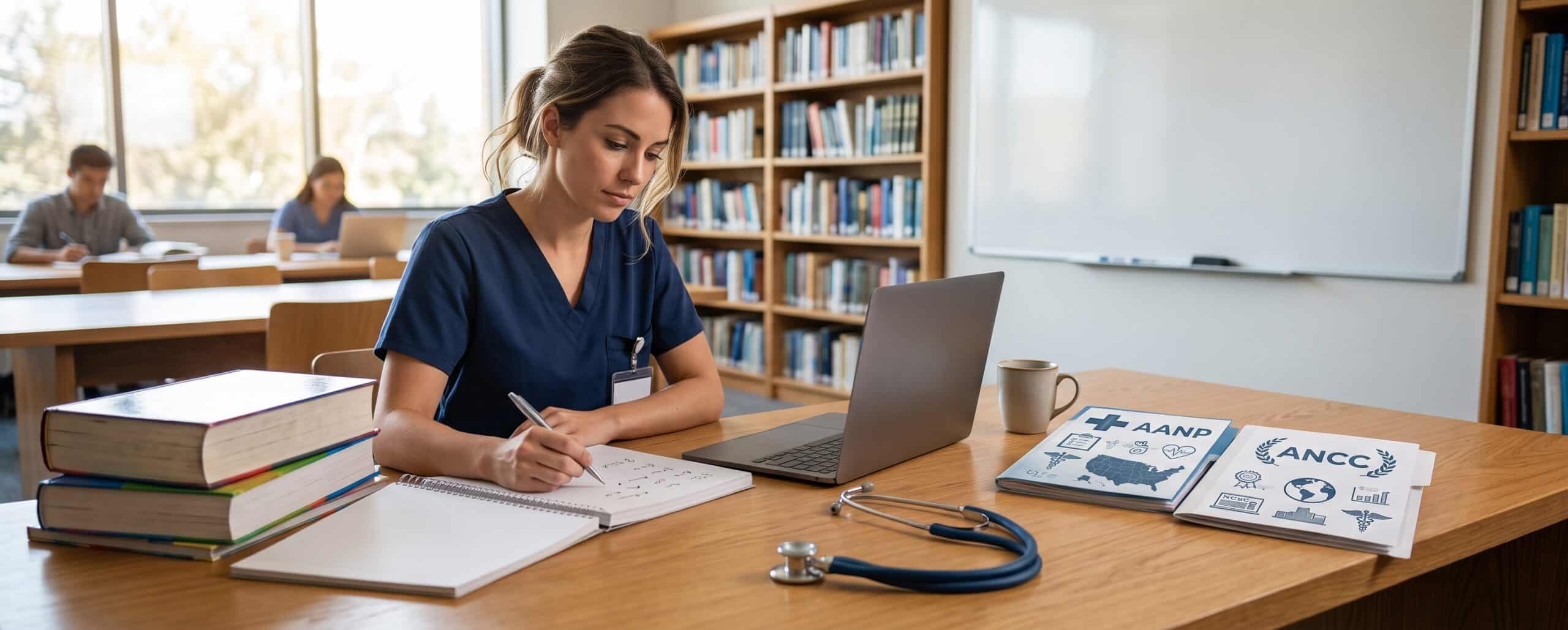 A nursing student in scrubs sits at a library desk with a laptop, notebooks, and medical study materials.