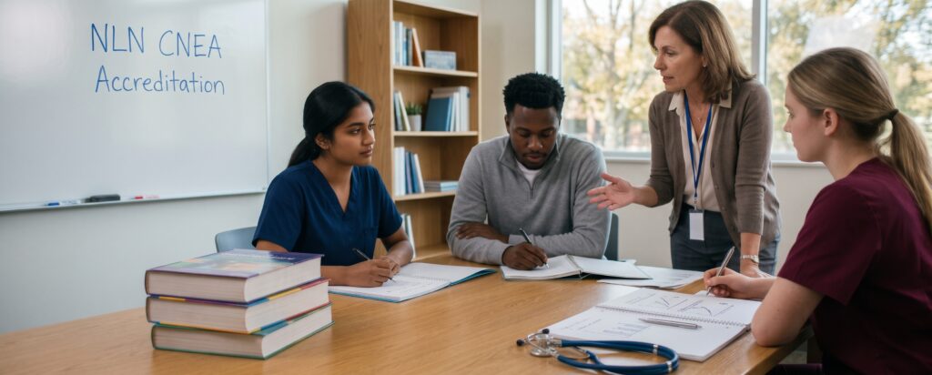 An instructor speaks to three nursing students seated at a table with books and notes.