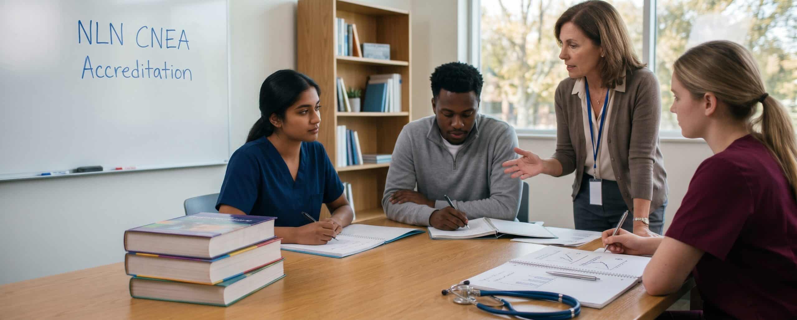 An instructor speaks to three nursing students seated at a table with books and notes.