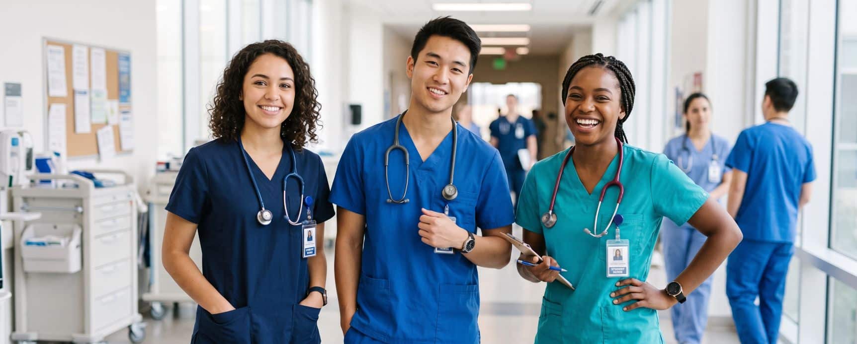 Three smiling medical students in scrubs posing in a hospital hallway.