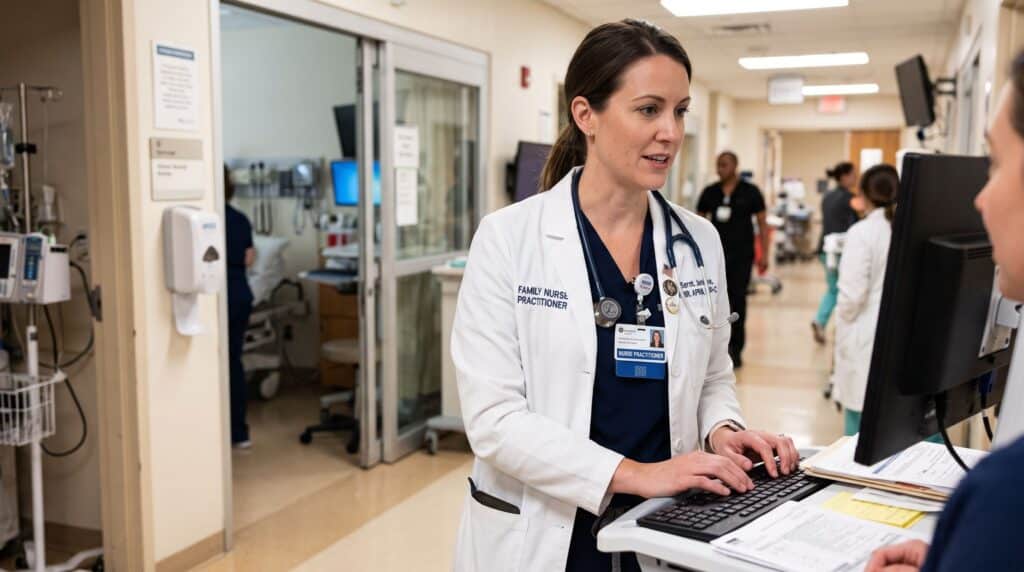 A family nurse practitioner in a white coat types at a computer workstation in a hospital hallway.