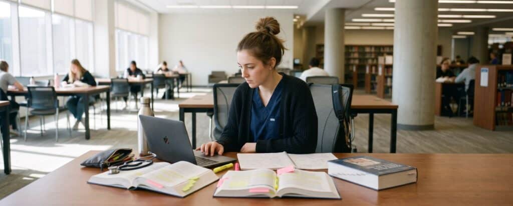 A student in scrubs works on a laptop at a library table covered with open textbooks and study supplies.