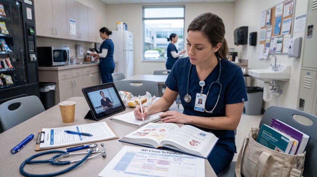 A nurse in scrubs studies from a textbook and tablet at a table while another nurse works in the background.