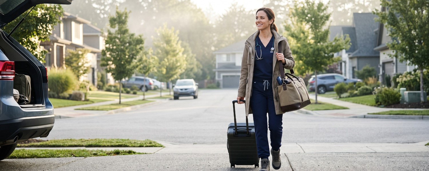 A healthcare worker in scrubs and a coat walks down a suburban street pulling a suitcase and carrying a duffel bag.