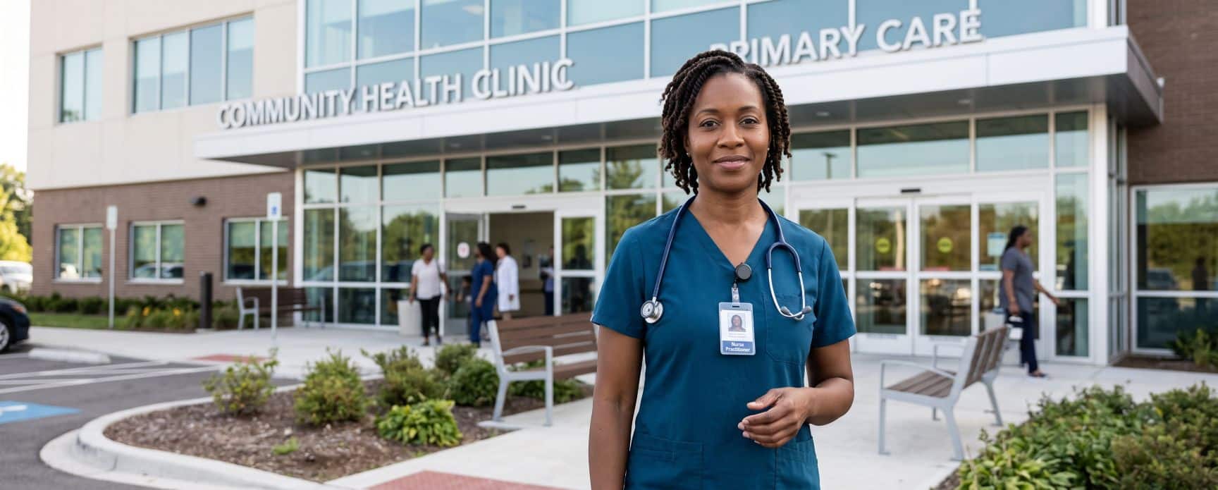 A nurse practitioner with a stethoscope stands outside a community health clinic.
