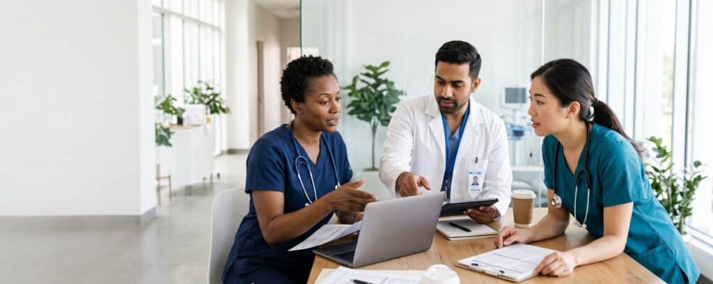 Two nurses and a doctor consult together over a laptop and documents at a table.