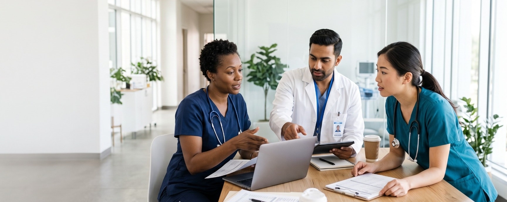 Two nurses and a doctor consult together over a laptop and documents at a table.