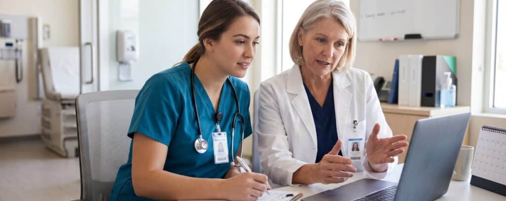 A nurse and a doctor sit at a desk in a medical office, discussing information on a laptop.