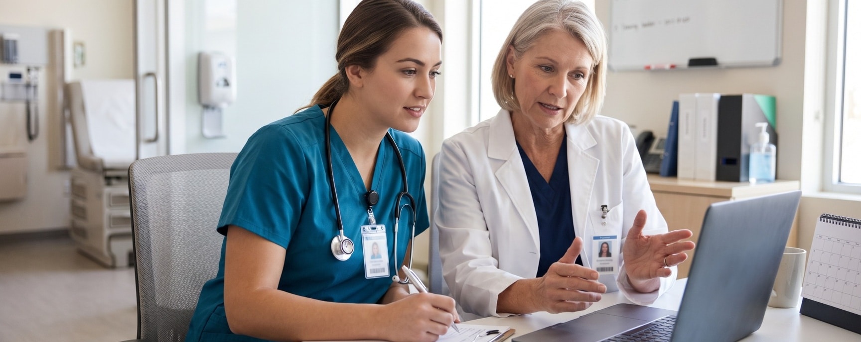 A nurse and a doctor sit at a desk in a medical office, discussing information on a laptop.