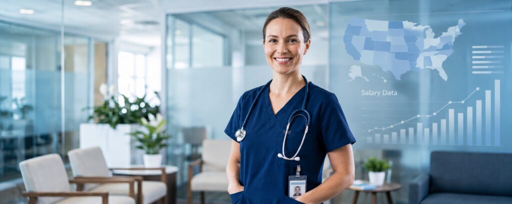 A smiling nurse wearing scrubs and a stethoscope in a hospital lobby with a digital overlay of a US map and data chart.