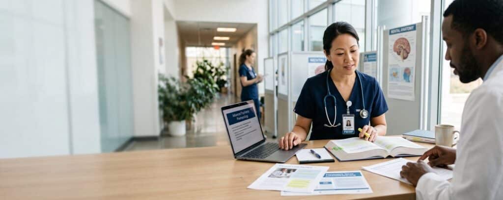 A nurse and a doctor sit at a desk with medical textbooks and a laptop, discussing information in a bright office.